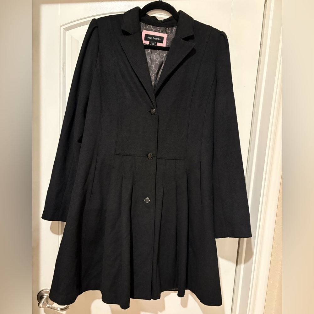 Designer Pink Tartan Black/Charcoal Fit & Flare Wool Blend Pleated Coat Size 10
